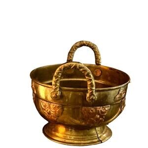 Antique Brass Handled Urn Bowl with Ornate Raised Relief Pattern